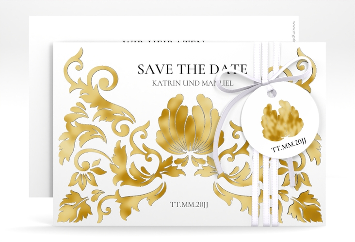 Save the Date-Karte Royal A6 Karte quer weiss gold mit barockem Blumen-Ornament