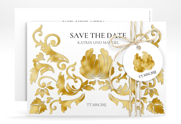 Save the Date-Karte Royal A6 Karte quer weiss gold mit barockem Blumen-Ornament