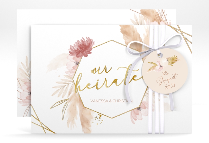 Save the Date-Karte Bohostyle A6 Karte quer beige gold mit Pampasgras in Aquarell