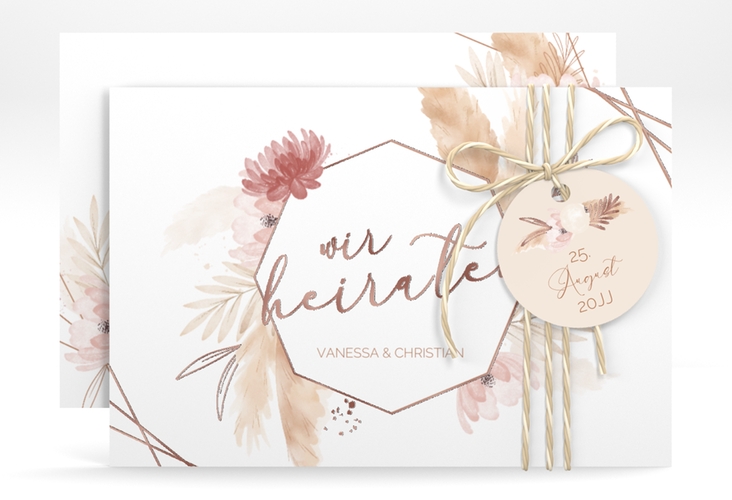 Save the Date-Karte Bohostyle A6 Karte quer beige rosegold mit Pampasgras in Aquarell
