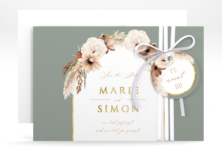Save the Date-Karte Blumenbogen A6 Karte quer gruen gold