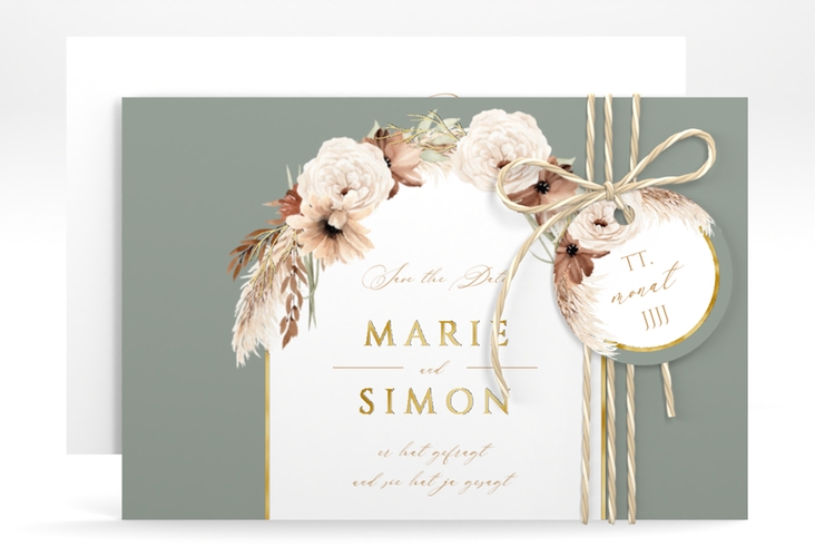 Save the Date-Karte Blumenbogen A6 Karte quer gruen gold