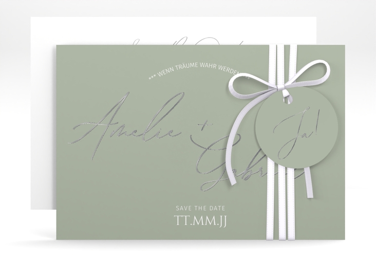 Save the Date-Karte Federschrift A6 Karte quer gruen silber in schlichtem Design mit Kalligrafie