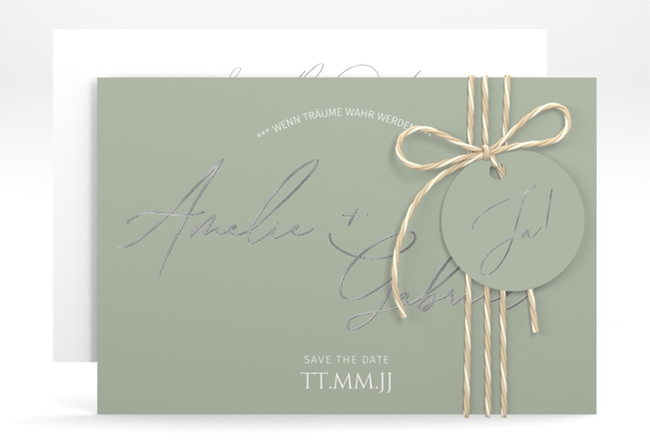 Save the Date-Karte Federschrift A6 Karte quer gruen silber in schlichtem Design mit Kalligrafie