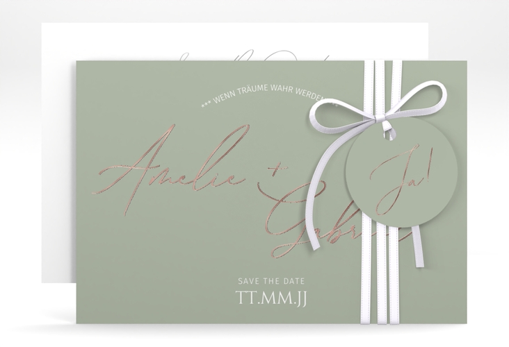 Save the Date-Karte Federschrift A6 Karte quer gruen rosegold in schlichtem Design mit Kalligrafie