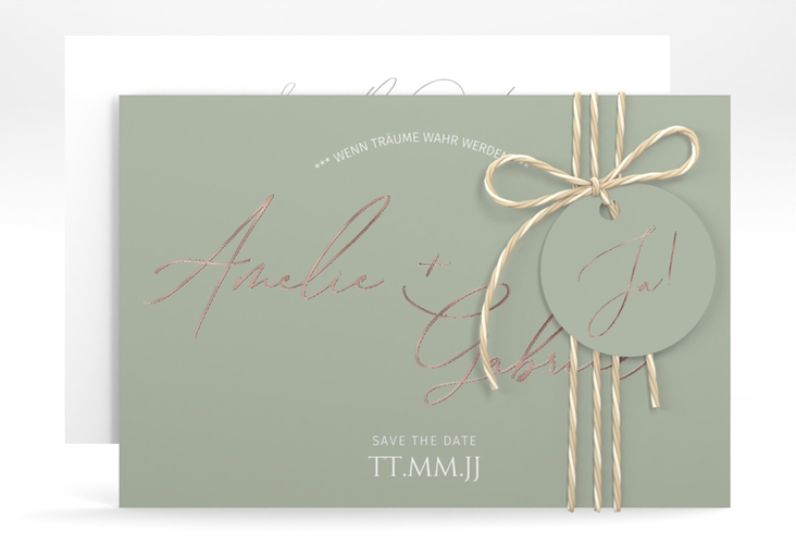 Save the Date-Karte Federschrift A6 Karte quer gruen rosegold in schlichtem Design mit Kalligrafie