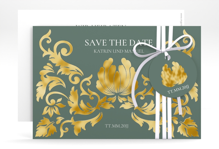Save the Date-Karte Royal A6 Karte quer gruen gold mit barockem Blumen-Ornament