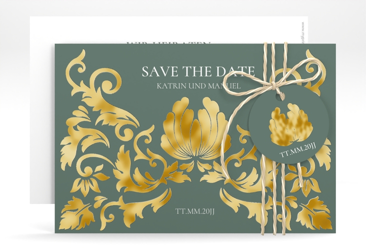 Save the Date-Karte Royal A6 Karte quer gruen gold mit barockem Blumen-Ornament