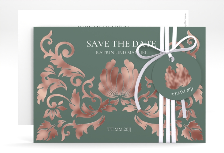 Save the Date-Karte Royal A6 Karte quer gruen rosegold mit barockem Blumen-Ornament