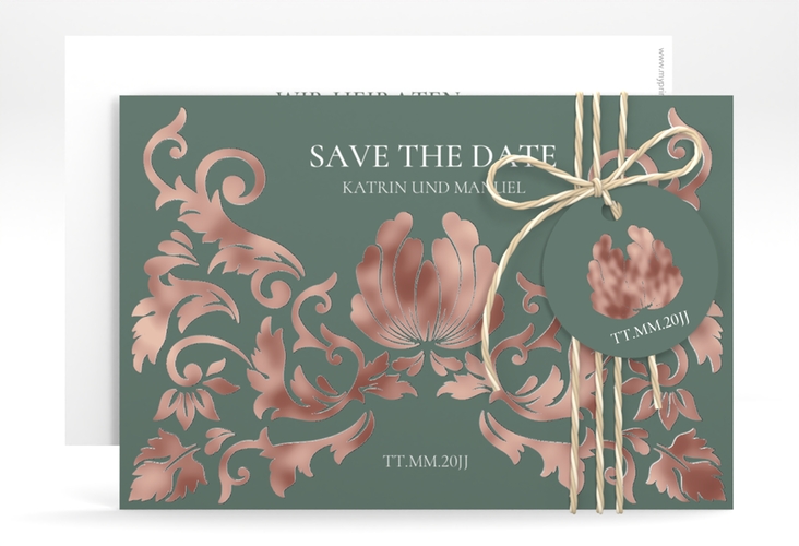 Save the Date-Karte Royal A6 Karte quer gruen rosegold mit barockem Blumen-Ornament