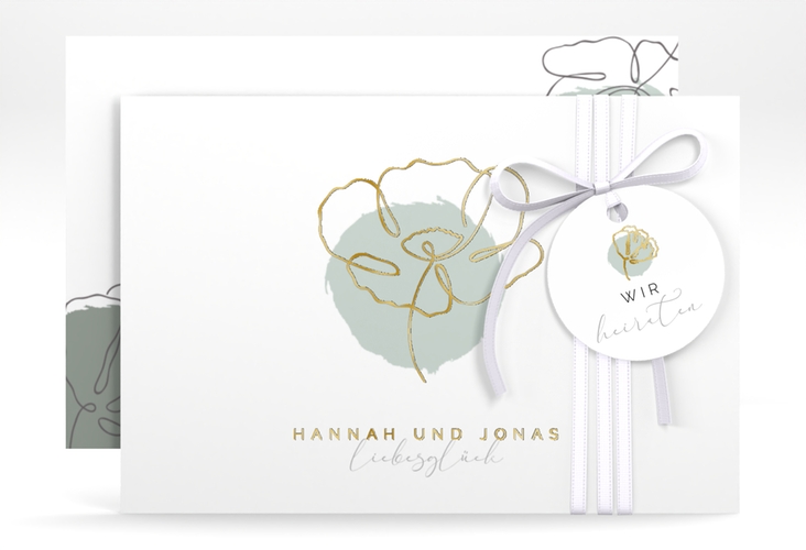 Save the Date-Karte Flowerline A6 Karte quer gruen gold