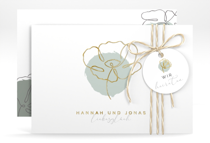 Save the Date-Karte Flowerline A6 Karte quer gruen gold