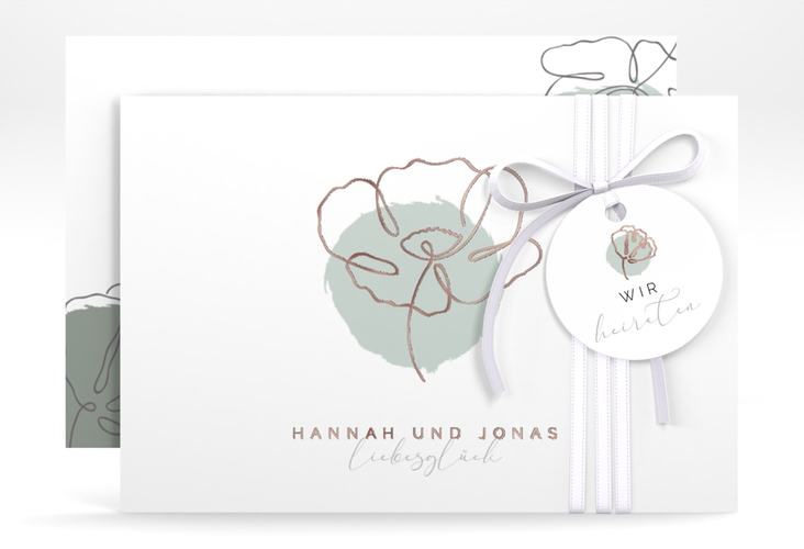 Save the Date-Karte Flowerline A6 Karte quer gruen rosegold
