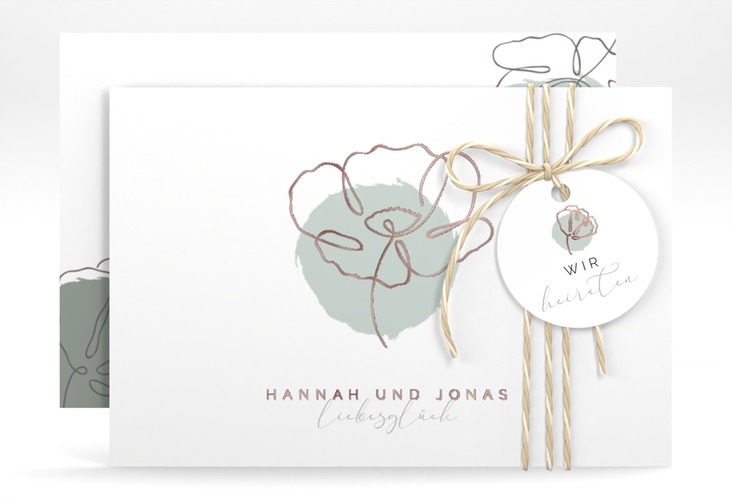 Save the Date-Karte Flowerline A6 Karte quer gruen rosegold