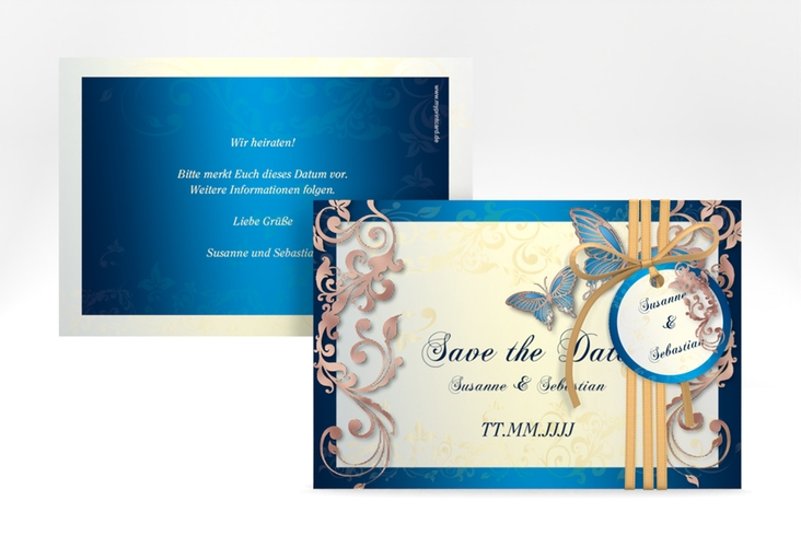 Save the Date-Karte Hochzeit Toulouse A6 Karte quer blau rosegold romantisch mit Schmetterlingen