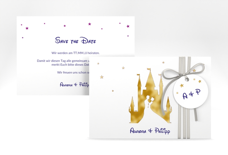 Save the Date-Karte Castle A6 Karte quer lila gold
