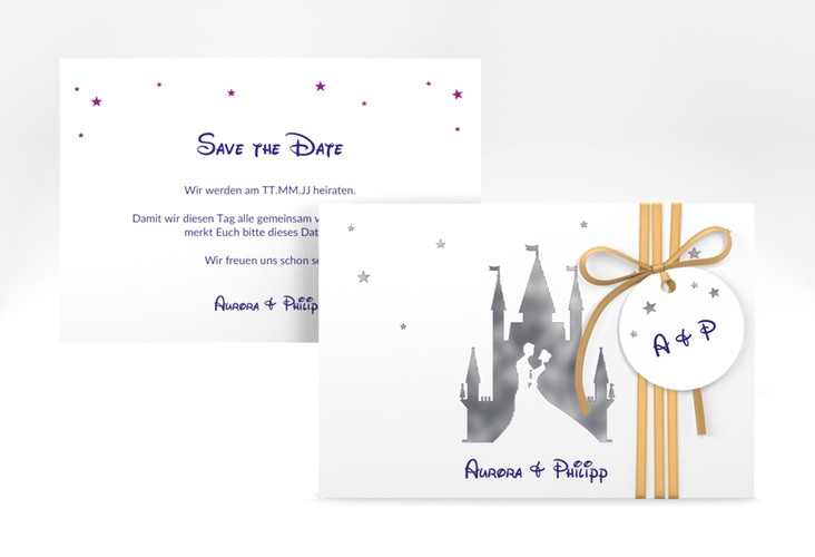 Save the Date-Karte Castle A6 Karte quer lila silber