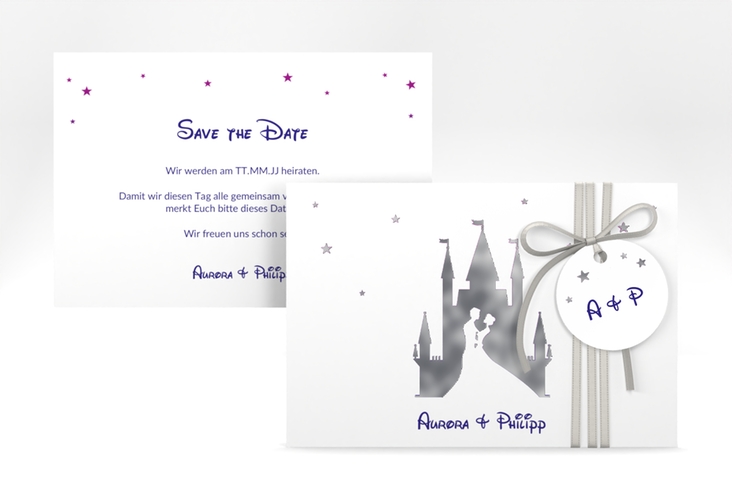 Save the Date-Karte Castle A6 Karte quer lila silber