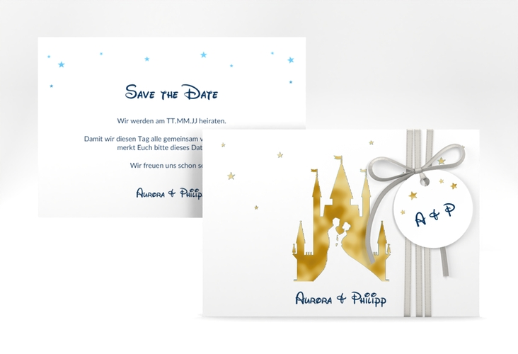 Save the Date-Karte Castle A6 Karte quer blau gold