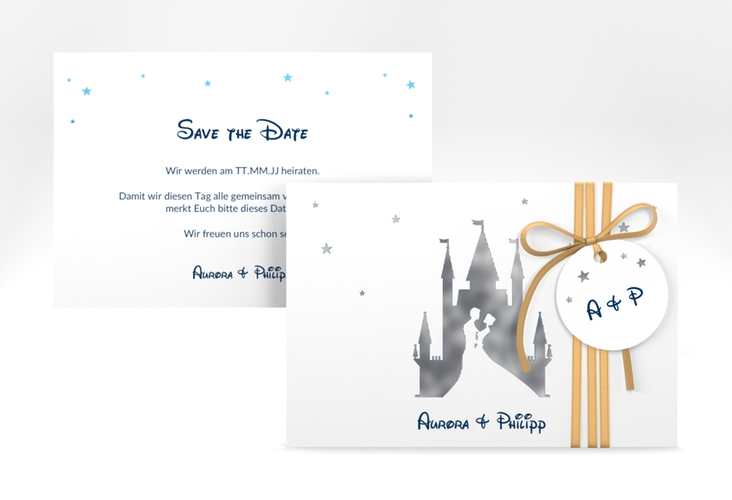 Save the Date-Karte Castle A6 Karte quer blau silber