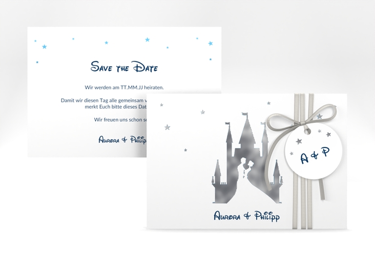 Save the Date-Karte Castle A6 Karte quer blau silber