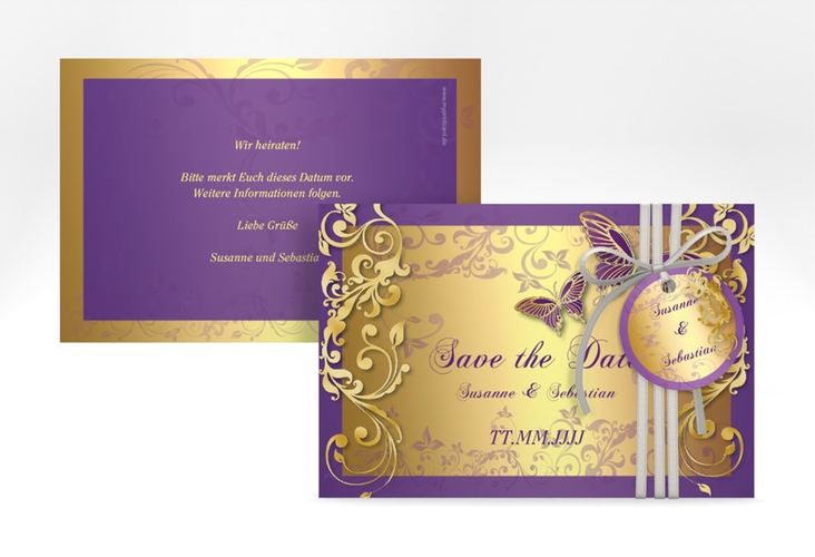 Save the Date-Karte Hochzeit Toulouse A6 Karte quer lila gold romantisch mit Schmetterlingen