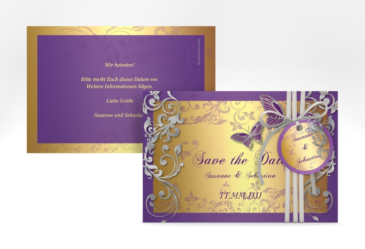 Save the Date-Karte Hochzeit Toulouse A6 Karte quer lila silber romantisch mit Schmetterlingen