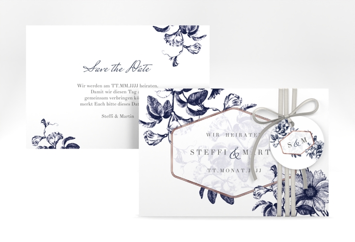 Save the Date-Karte Magnificent A6 Karte quer blau rosegold
