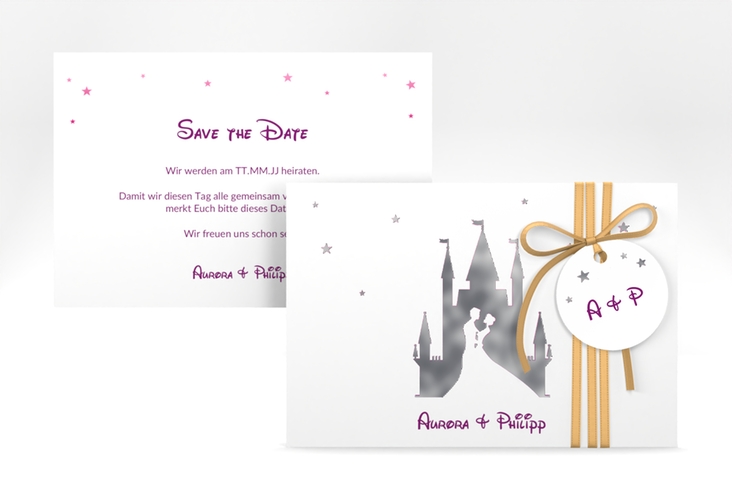 Save the Date-Karte Castle A6 Karte quer pink silber