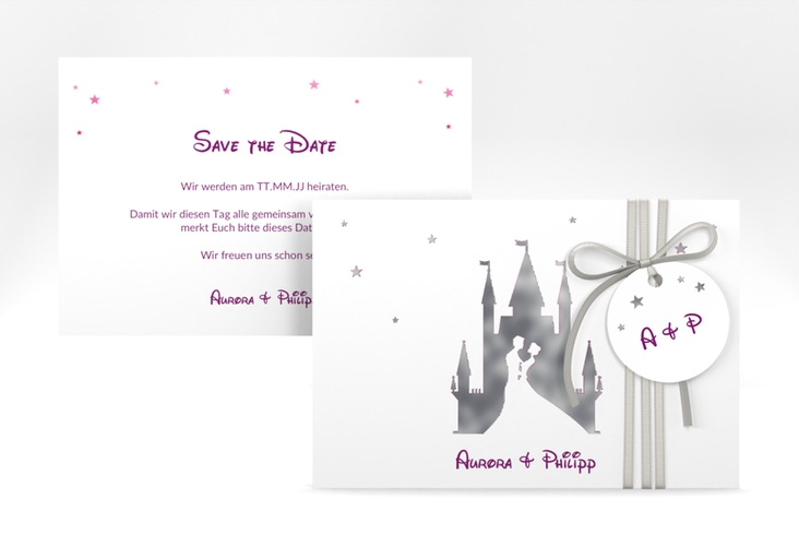 Save the Date-Karte Castle A6 Karte quer pink silber