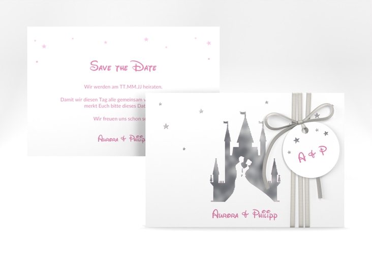 Save the Date-Karte Castle A6 Karte quer rosa silber
