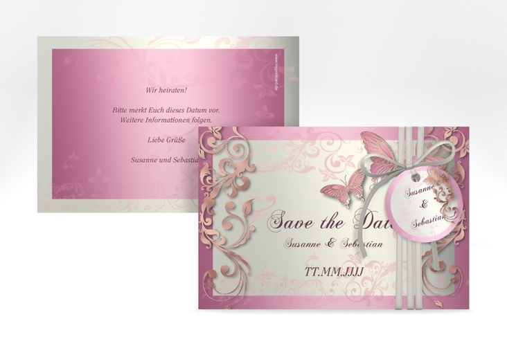 Save the Date-Karte Hochzeit Toulouse A6 Karte quer rosa rosegold romantisch mit Schmetterlingen