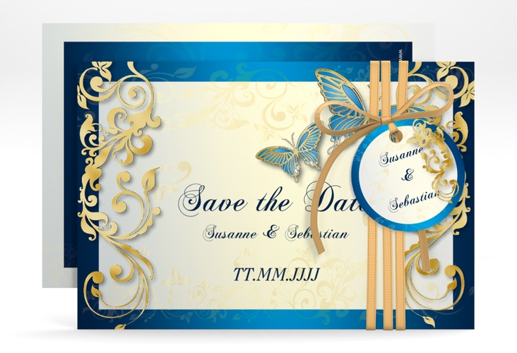 Save the Date-Karte Hochzeit Toulouse A6 Karte quer blau gold romantisch mit Schmetterlingen