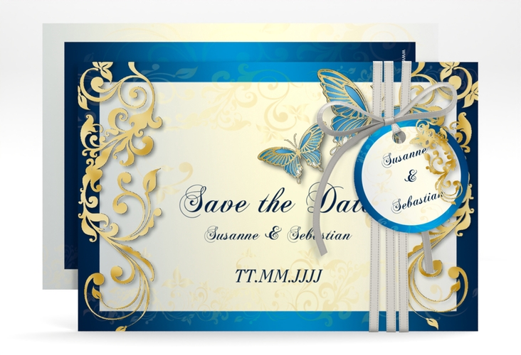 Save the Date-Karte Hochzeit Toulouse A6 Karte quer blau gold romantisch mit Schmetterlingen