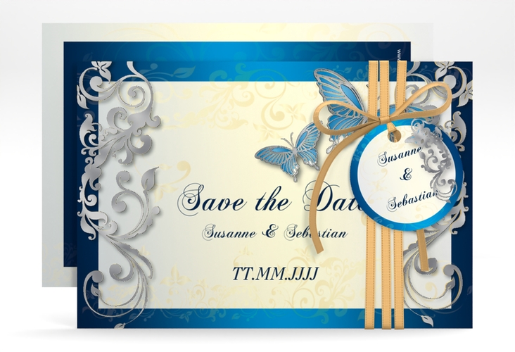 Save the Date-Karte Hochzeit Toulouse A6 Karte quer blau silber romantisch mit Schmetterlingen