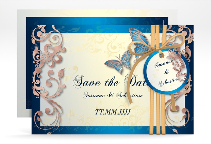 Save the Date-Karte Hochzeit Toulouse A6 Karte quer blau rosegold romantisch mit Schmetterlingen