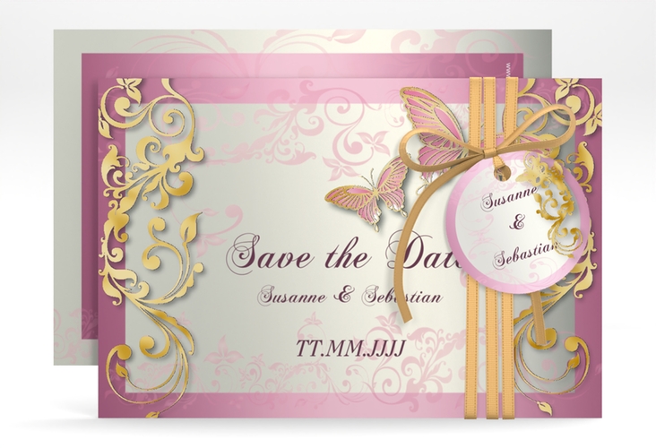 Save the Date-Karte Hochzeit Toulouse A6 Karte quer rosa gold romantisch mit Schmetterlingen