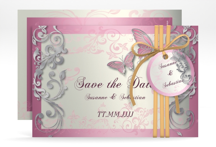 Save the Date-Karte Hochzeit Toulouse A6 Karte quer rosa silber romantisch mit Schmetterlingen