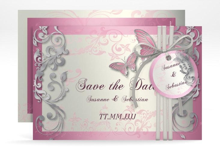 Save the Date-Karte Hochzeit Toulouse A6 Karte quer rosa silber romantisch mit Schmetterlingen