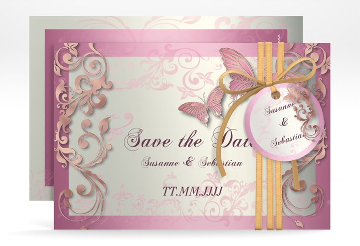 Save the Date-Karte Hochzeit Toulouse A6 Karte quer rosa rosegold romantisch mit Schmetterlingen