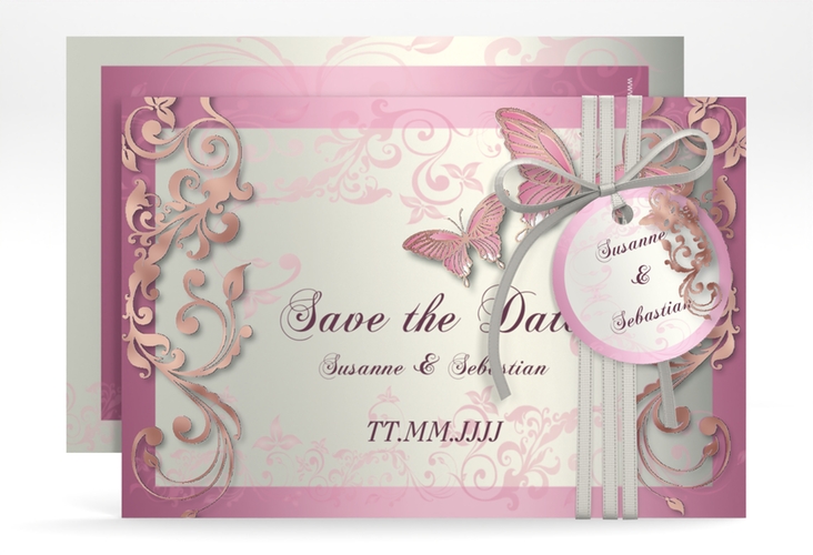 Save the Date-Karte Hochzeit Toulouse A6 Karte quer rosa rosegold romantisch mit Schmetterlingen