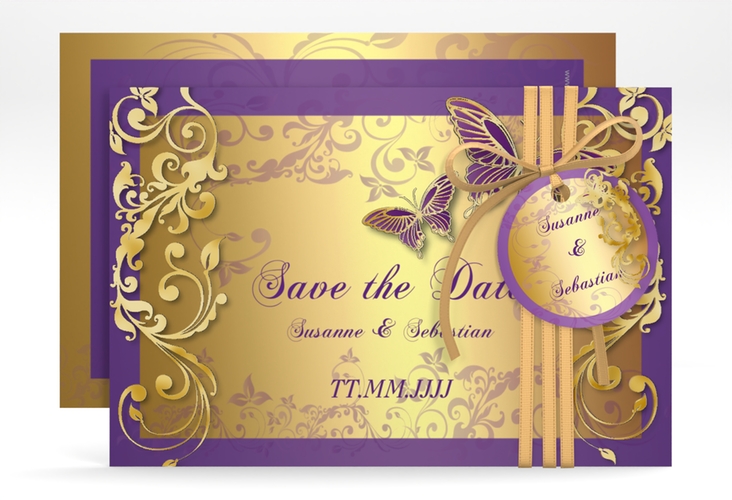 Save the Date-Karte Hochzeit Toulouse A6 Karte quer lila gold romantisch mit Schmetterlingen
