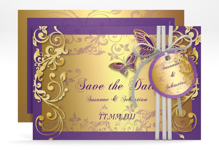 Save the Date-Karte Hochzeit Toulouse A6 Karte quer lila gold romantisch mit Schmetterlingen