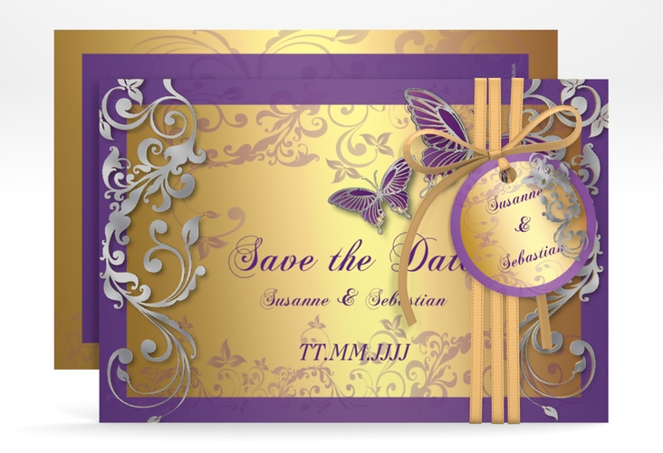 Save the Date-Karte Hochzeit Toulouse A6 Karte quer lila silber romantisch mit Schmetterlingen
