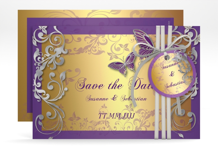Save the Date-Karte Hochzeit Toulouse A6 Karte quer lila silber romantisch mit Schmetterlingen
