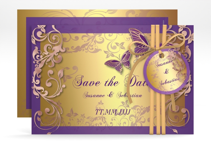 Save the Date-Karte Hochzeit Toulouse A6 Karte quer lila rosegold romantisch mit Schmetterlingen