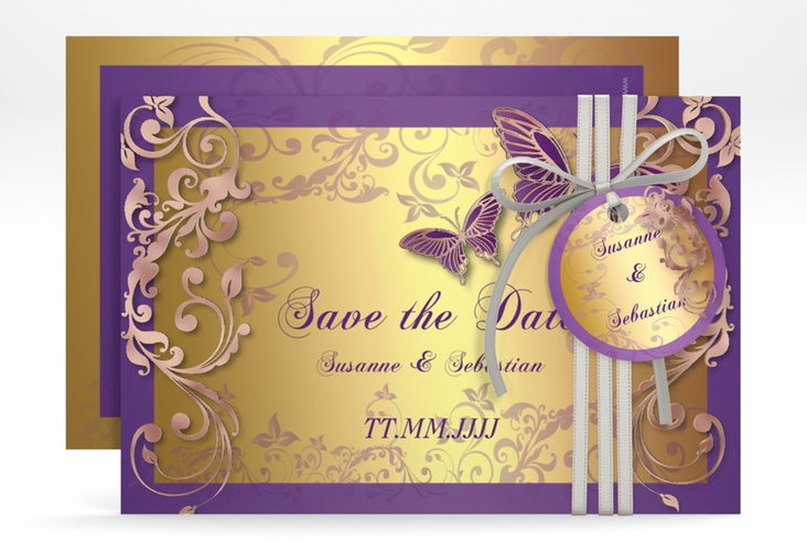 Save the Date-Karte Hochzeit Toulouse A6 Karte quer lila rosegold romantisch mit Schmetterlingen