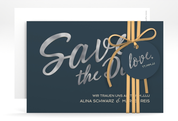 Save the Date-Karte Glam A6 Karte quer blau silber
