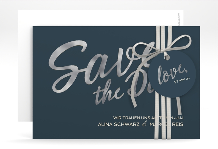 Save the Date-Karte Glam A6 Karte quer blau silber