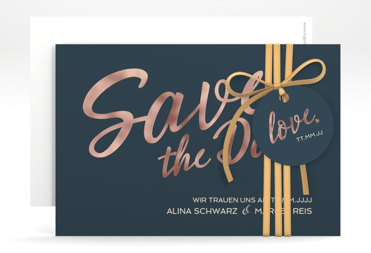 Save the Date-Karte Glam A6 Karte quer blau rosegold